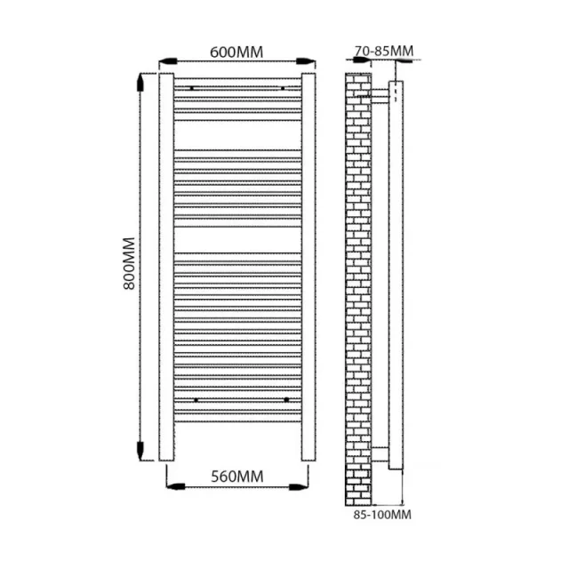 Reina Diva 600 X 800 Towel Radiator White Flat technical drawing - Image 6