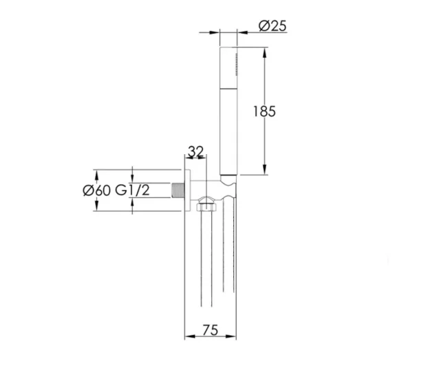 Just Taps Vos Round Water Outlet With Holder Metal Hose And Slim Hand Shower Brushed Brass technical drawing - Image 2