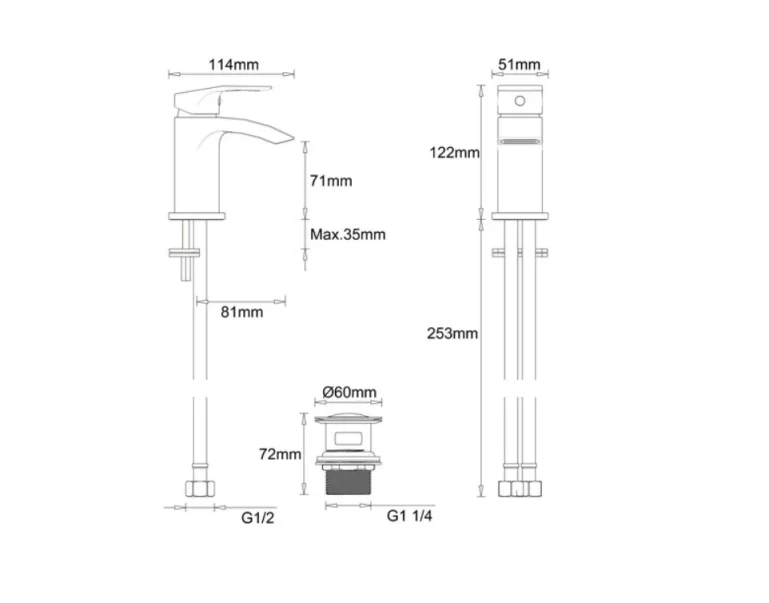 Crosswater Flow Basin Mini Monobloc With Click Clack Waste Deck Mounted Chrome technical drawing - Image 2