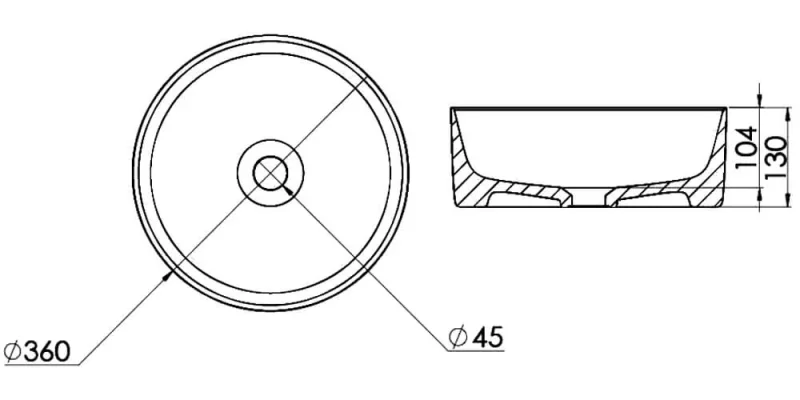 Saneux Sienna 36cm Round Countertop Washbasin technical drawing - Image 2