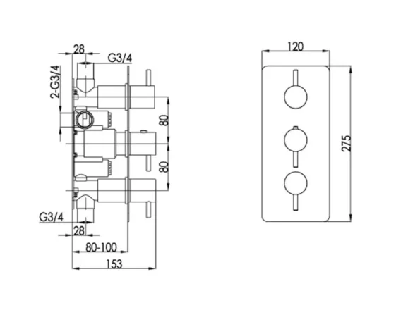 Just Taps Vos Thermostatic Concealed 2 Outlet Shower Valve Brushed Black technical drawing - Image 2