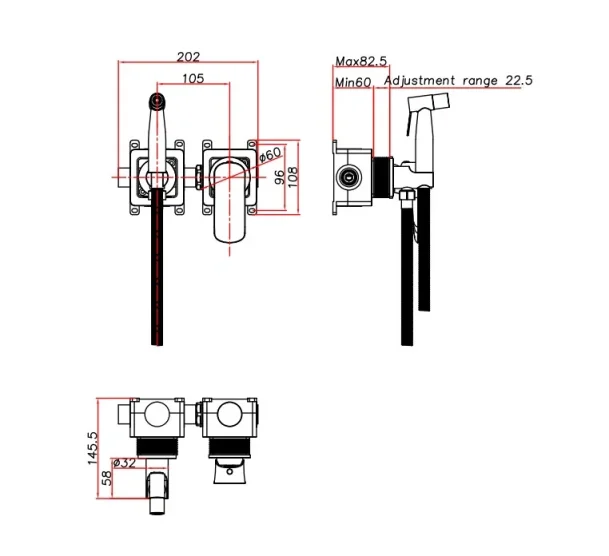 Ava Purity Douche Kit W/ Flanges - Brushed Black technical drawing - Image 2