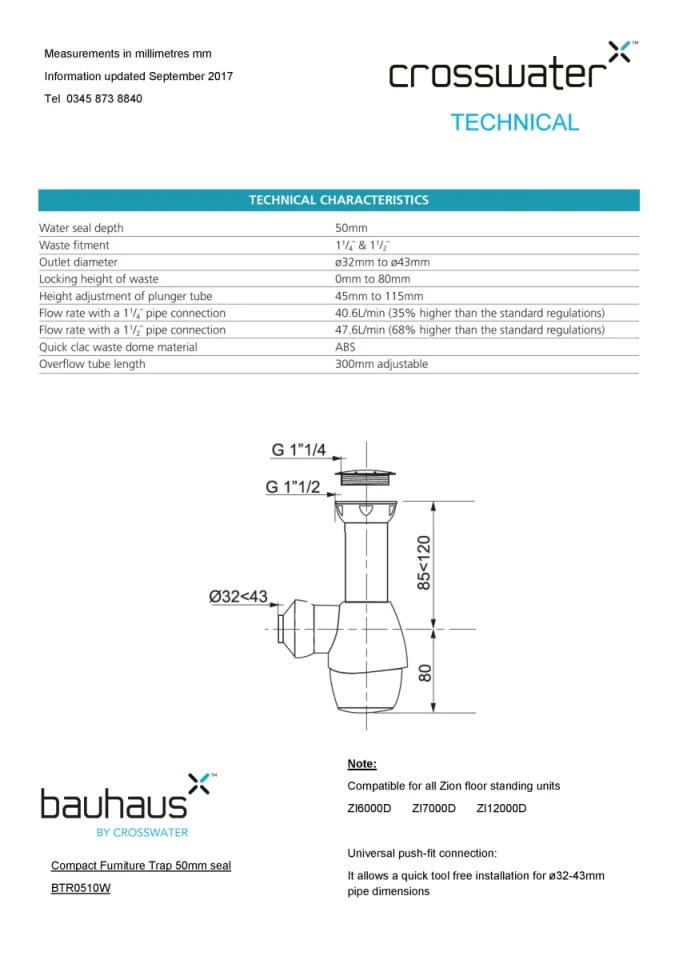 Crosswater Furniture Trap Short 50mm White technical drawing - Image 2