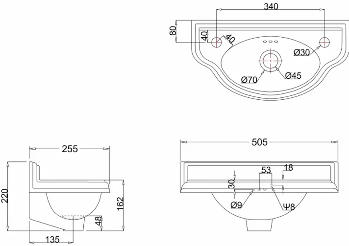 Burlington Curved Cloakroom Basin technical drawing - Image 2