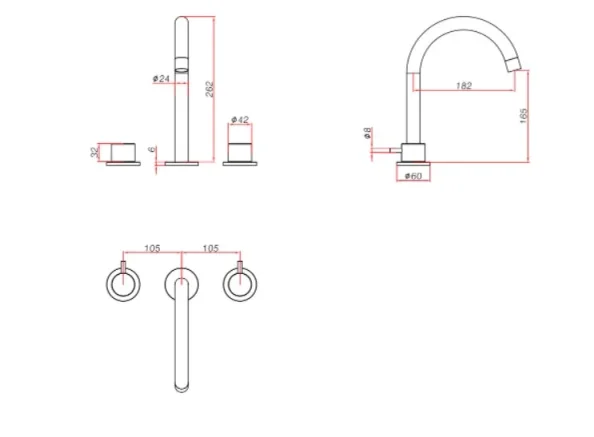 Ava Trend 3 Hole Deck Mounted Bath Mixer - Brushed Stainless Steel technical drawing - Image 2