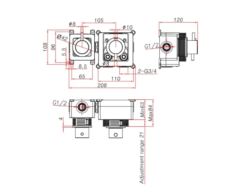 Ava Trend 2 Way 2 Handle Thermostatic Valve W/flanges - Brushed Brass technical drawing - Image 3