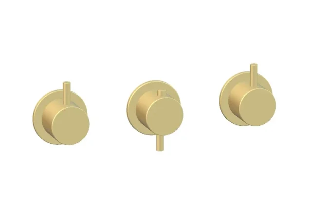 Ava Trend 3 Way 3 Handle Thermostatic Valve W/ Flanges - Brushed Brass detail view - Image 2