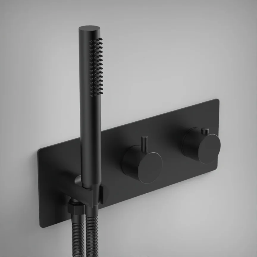 Ava Trend 2 Way 2 Handle Thermostatic Valve With Built In Hand Shower W/3 Hole Backplate - Brushed Black product image - Image 1