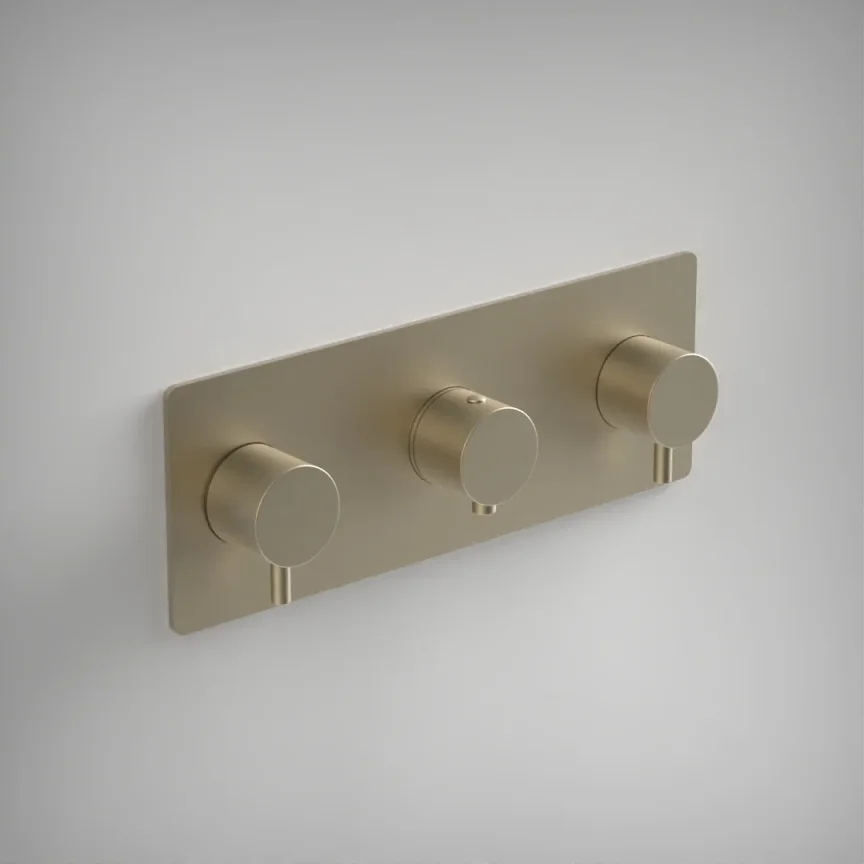 Ava Trend 3 Way 3 Handle Thermostatic Valve W/ Backplate - Brushed Brass product image - Image 1