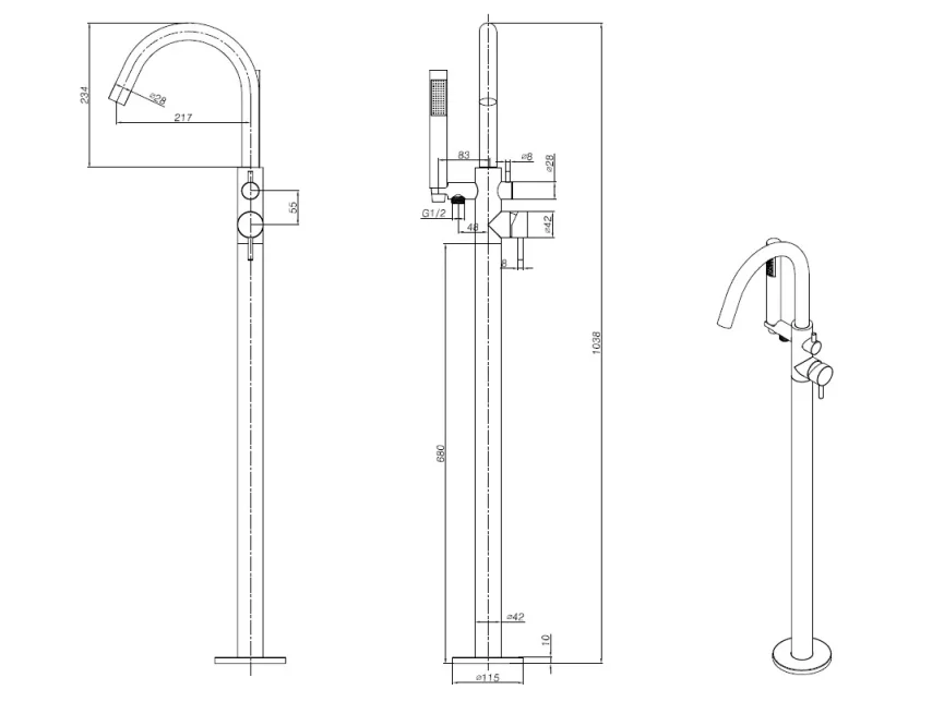 Ava Trend Floor Mounted Bath Shower Mixer - Brushed Black technical drawing - Image 2