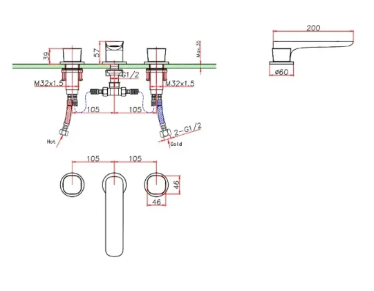 Ava Purity 3 Hole Deck Mounted Bath Mixer - Polished Stainless Steel technical drawing - Image 2