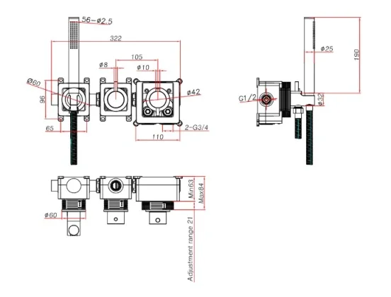 Ava Trend 2 Way 2 Handle Thermostatic Valve With Built In Hand Shower W/3 Hole Flanges - Brushed Stainless Steel technical drawing - Image 3