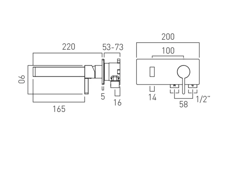 Vado Individual Edit Wall Mounted Single Lever Basin Mixer With Rectangular Backplate Brushed Gold technical drawing - Image 2