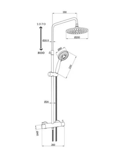 Just Taps Vos Thermostatic Bar Valve With 2 Outlets Adjustable Riser Brushed Black technical drawing - Image 2