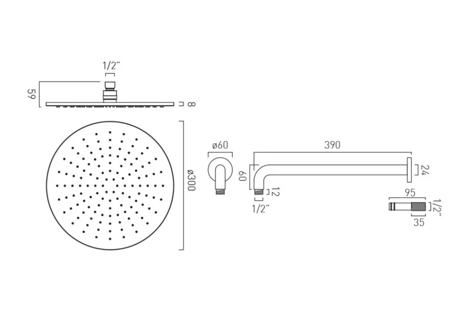 Vado Nebula 300mm Round Single Function Shower Head With Arm Chrome technical drawing - Image 2