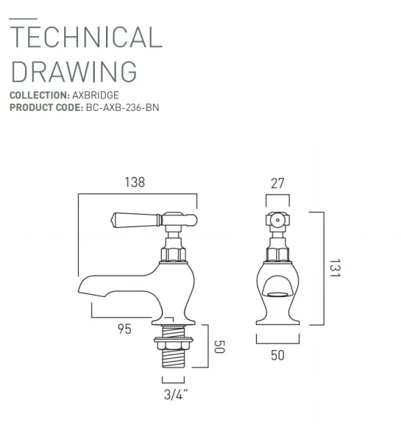 Booth & Co. Bath Pillar Taps Bright Nickel & Crackled White technical drawing - Image 2