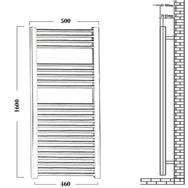 Reina Diva 500 X 1600 Towel Radiator Chrome Flat technical drawing - Image 4
