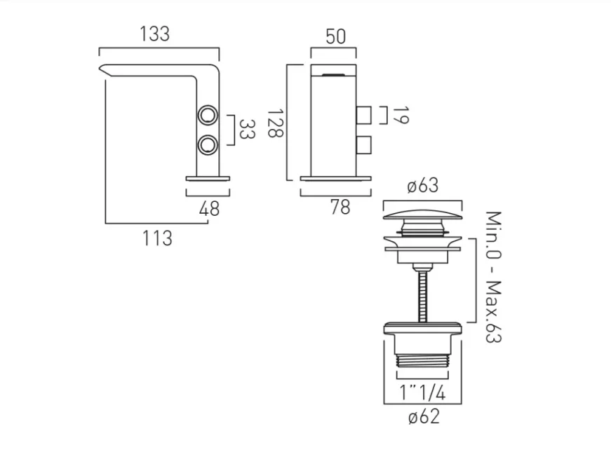 Vado Omika Mono Basin Mixer With Universal Waste Chrome technical drawing - Image 2