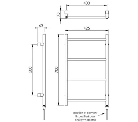 Vogue Pure Towel Radiator Heating Only - Chrome 700X425 technical drawing - Image 4