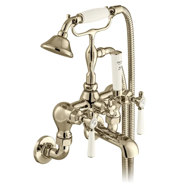 Booth & Co. Wall Mounted Bath Shower Mixer With Shower Kit Bright Nickel & Crackled White