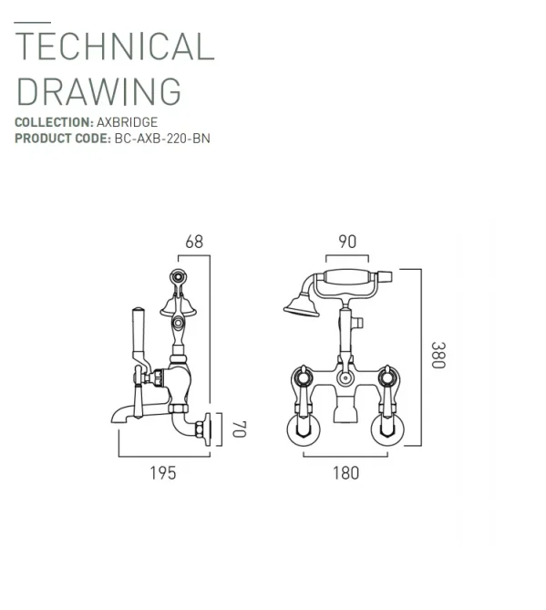 Booth & Co. Wall Mounted Bath Shower Mixer With Shower Kit Bright Nickel & Crackled White technical drawing - Image 2