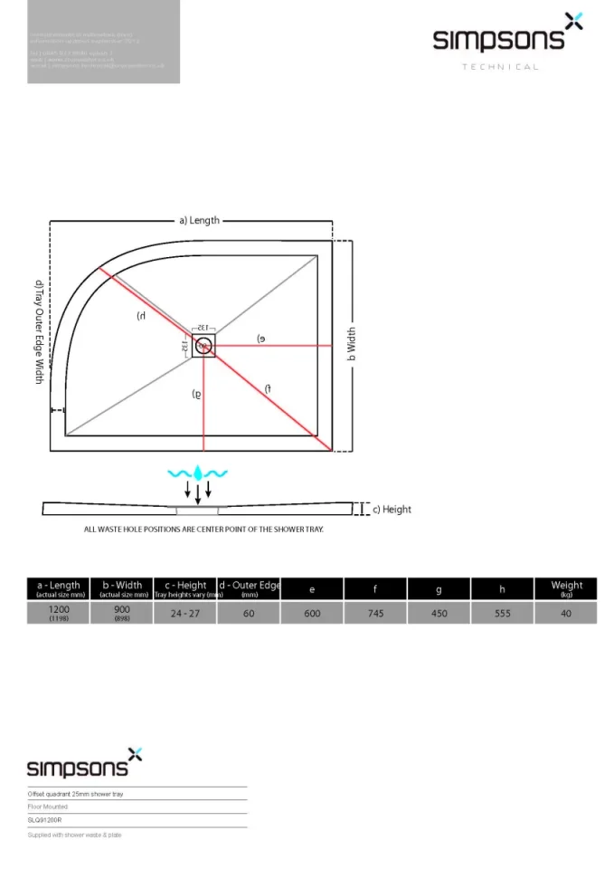 Crosswater Central Waste Offset Quadrant Right Hand 25mm Stone Resin Shower Tray 900 x 1200mm technical drawing - Image 2