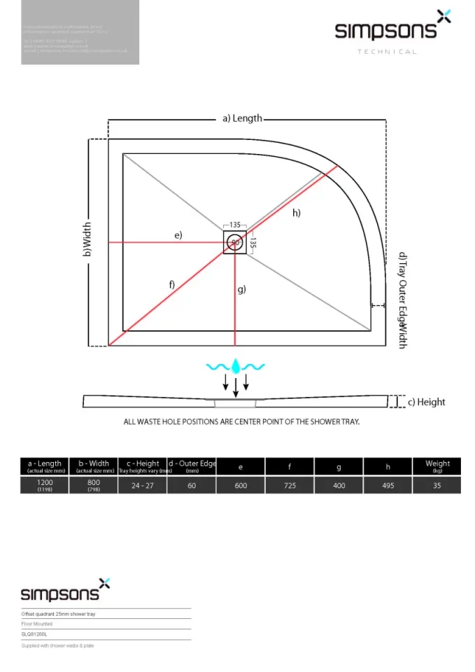 Crosswater Central Waste Offset Quadrant Left Hand 25mm Stone Resin Shower Tray 800 x 1200mm technical drawing - Image 4