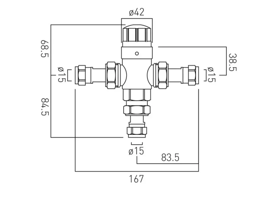 Vado Axces Protherm In-line Thermostatic Valve Tmv3 Approved Supplied With 15mm And 22mm Fittings Chrome technical drawing - Image 2