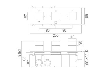 Vado Individual Tablet Notion Horizontal Concealed 3 Outlet, 3 Handle Thermostatic Valve With All-flow Function Brushed Gold technical drawing - Image 2