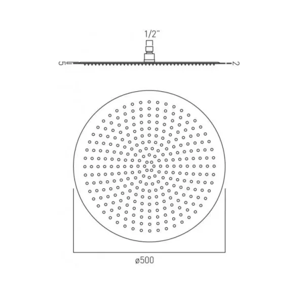 Vado Aquablade Single Function Easy Clean Slim Line Round Shower Head, 500mm (20") Chrome technical drawing - Image 3