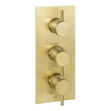 Just Taps Vos Thermostatic Concealed 3 Outlet Shower Valve Designer Handle Brushed Brass