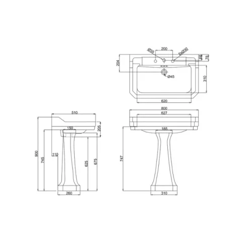 Burlington Edwardian 800 2TH Basin and Standard Pedestal technical drawing - Image 2