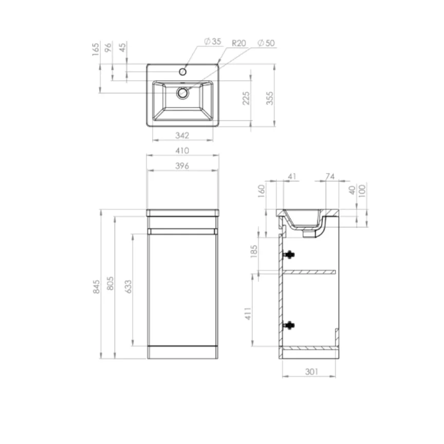 Saneux Air 40cm 1 Door Floor Standing Unit - Gloss White detail view - Image 2