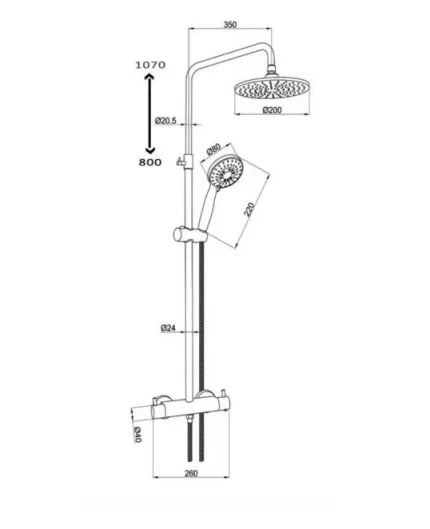 Just Taps Thermostatic Bar Valve With 2 Outlets Adjustable Riser Matt Black technical drawing - Image 2