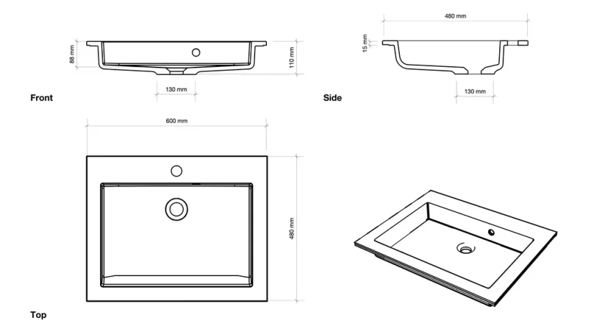 Faeber Silkstone Box 600mm Single Central Gloss Basin technical drawing - Image 2