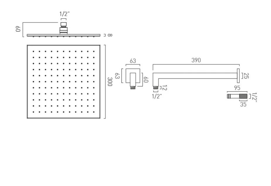 Vado Nebula 300mm Square Single Function Shower Head With Arm Chrome technical drawing - Image 2