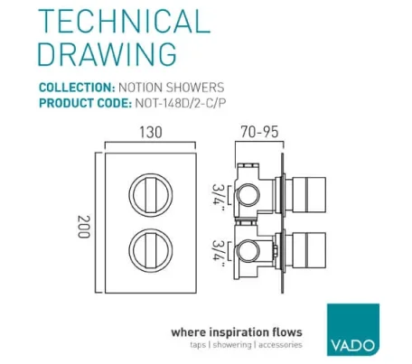 Vado Dx Notion 2 Outlet 2 Handle Concealed Thermostatic Valve Chrome technical drawing - Image 3