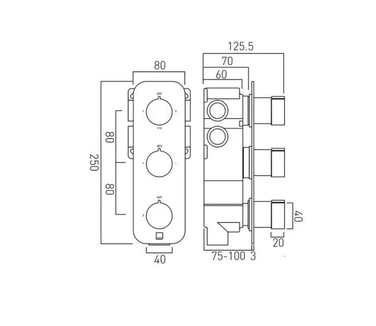 Vado Dx Notion 2 Outlet 3 Handle Concealed Thermostatic Valve Chrome technical drawing - Image 2