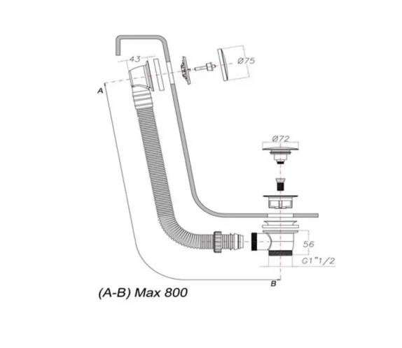 Just Taps Vos Click Clack Bath Waste Matt Black technical drawing - Image 2