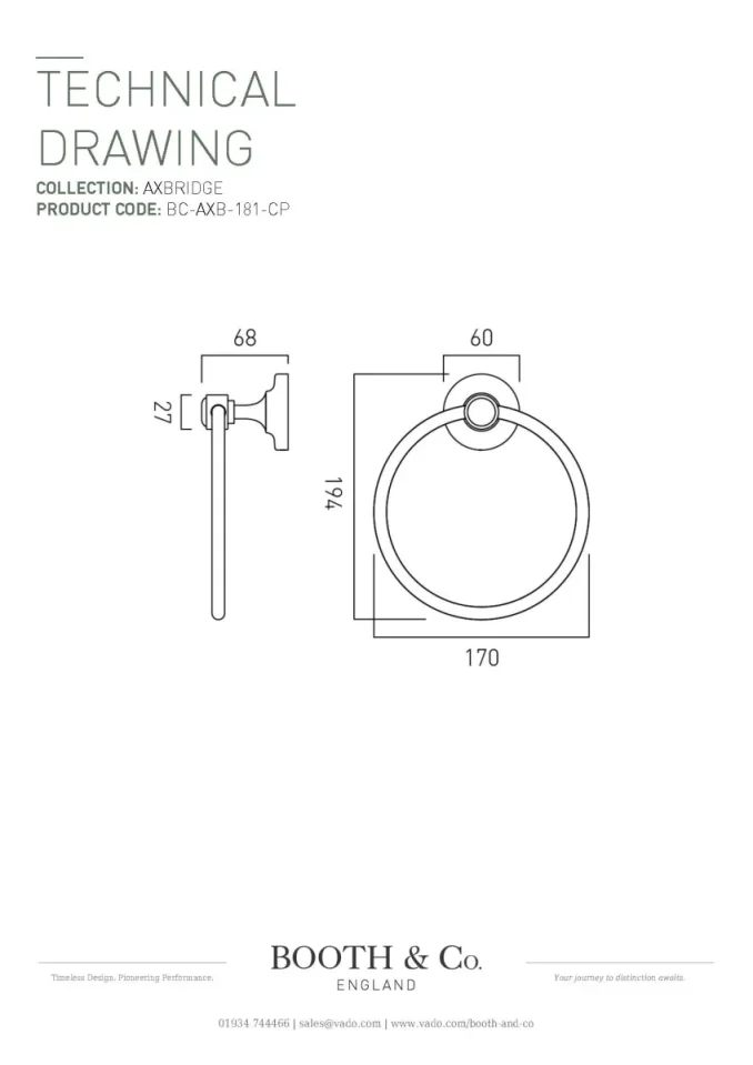 Booth & Co. Towel Ring Chrome & White technical drawing - Image 2