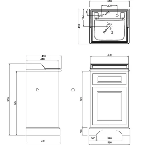 Burlington Classic Basin 50cm 1th technical drawing - Image 2