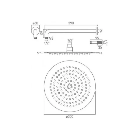 Vado Aquablade Single Function Easy Clean Slim Line Round Shower Head 300mm (12") Chrome technical drawing - Image 3