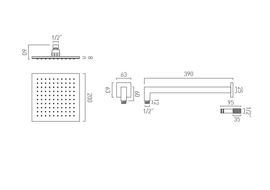 Vado Nebula 200mm Square Single Function Shower Head With Arm Chrome technical drawing - Image 2