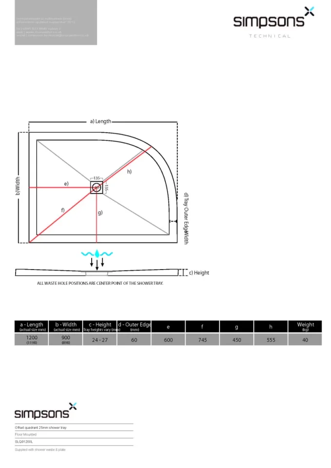 Crosswater Central Waste Offset Quadrant Left Hand 25mm Stone Resin Shower Tray 900 x 1200mm technical drawing - Image 3