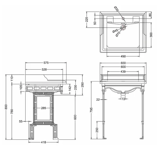Burlington Classic Basin 65cm 3th technical drawing - Image 2