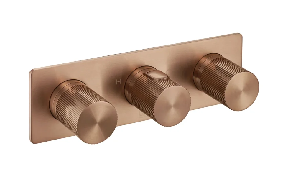 Just Taps Evo 3 Outlet 3 Handle Thermostatic Concealed Shower Valve Horizontal Brushed Bronze product image - Image 1