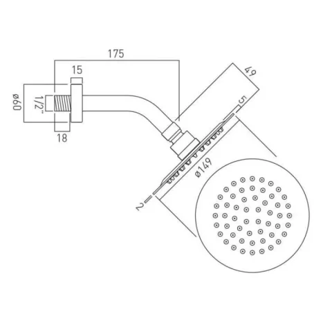 Vado Aquablade 150mm (6") Round Easy Clean Slimline Shower Head With Arm Chrome technical drawing - Image 3