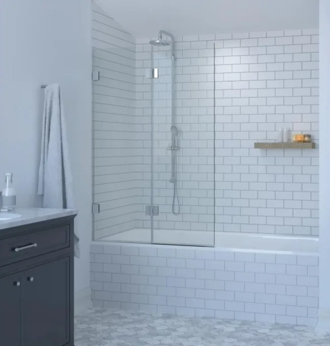 Showerlab VIEW 14.2 H SQUARE TOP TWO OUBLE HINGED BATH SCREEN 1011-1023x1500 Standard - Fixed sizes only Clear Glass , Right Hand , Open IN , Brushed Nickel product image - Image 1