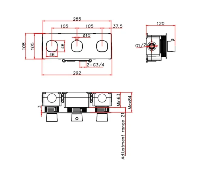 Ava Purity 2 Way 3 Handle Thermostatic Valve W/ Backplate - Brushed Brass technical drawing - Image 2