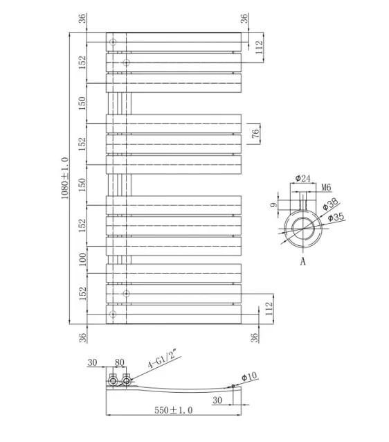 Just Taps Cleo Radiator Brushed Brass 1080 X 550 technical drawing - Image 2